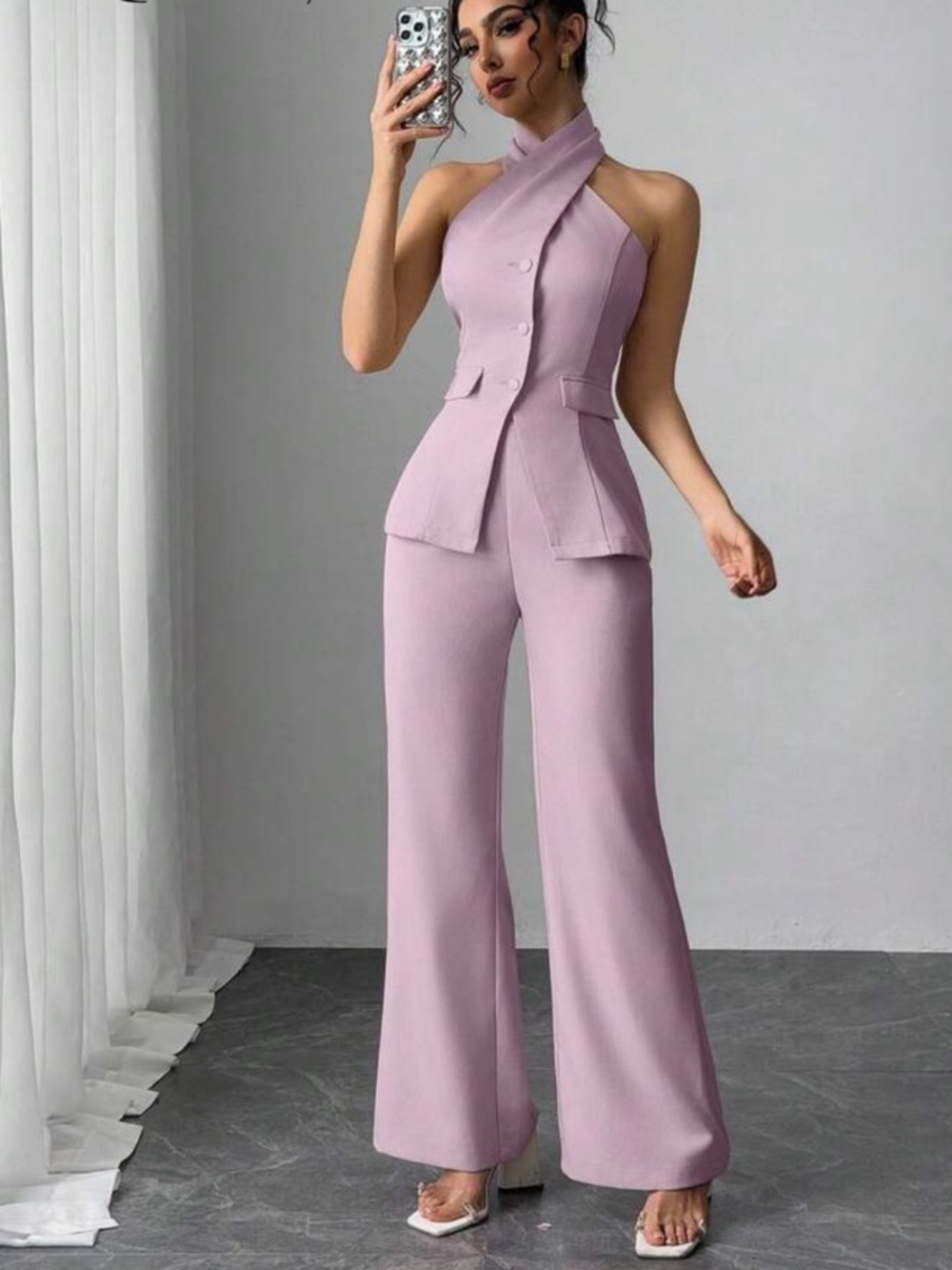 Halter Neck Tailored Jumpsuit in Dusty Pink
